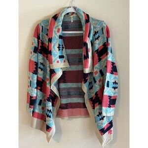 Kate Collection Southwestern Geometric Open Front Cardigan Coral Blue Small